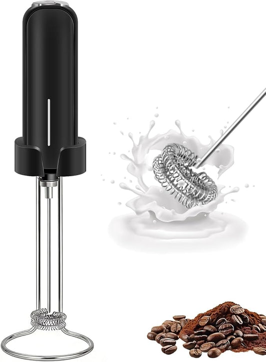 Milk Frother Handheld Battery Operated, Double Whisk, Electric Whisk Foam Maker, Handheld Drink Mixer, Mini Frother Wand with Stainless Steel Whisk for Coffee, Cappuccinos, With Stand and Storage Hook