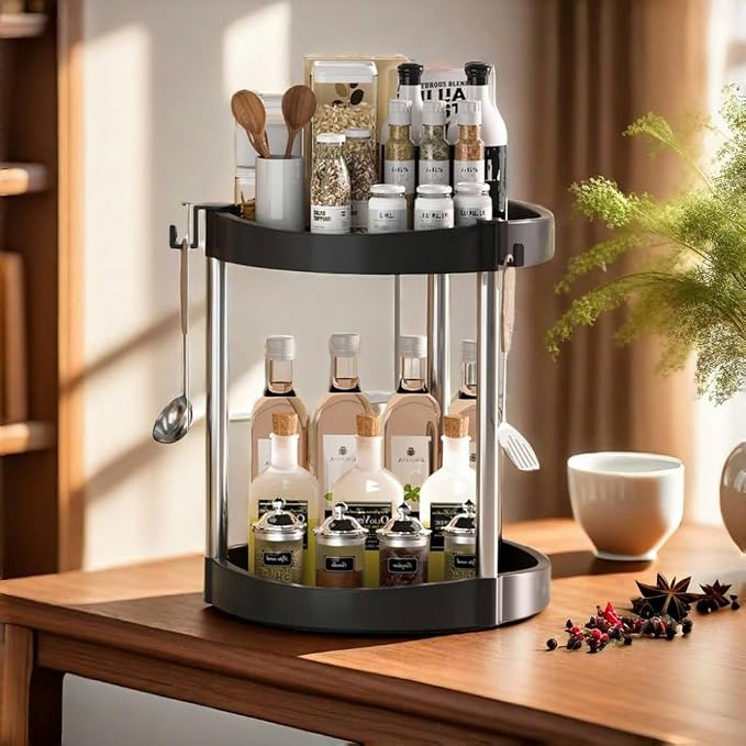 10.01" 2-Tier 360°Rotating Lazy Susan turntable Organizer Spice Rack Organization for Kitchen countertop and Cabinet pantry Organizers and storage(1Black, Extra Large)