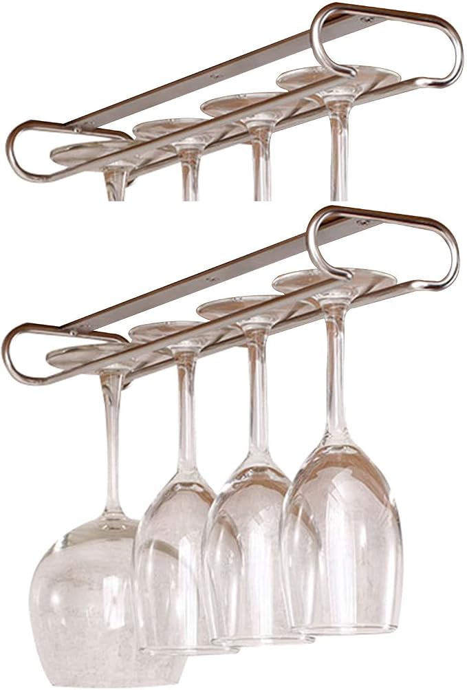 V3VOGUE 2 Pack Wine Glass Rack Under Cabinet, Hanging Wine Stemware Holder, Stainless Steel Wine Glasses Organizer Storage Hanger for Bar Kitchen Black Chrome (Color : Metallic, Size : 2pcs)