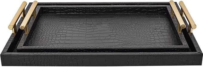 Set of 2 Modern Elegant Large Wood Serving Tray, Rectangle Decorative Tray Ottoman Tay Coffee Table Tray, Black Crocodile Leather with Gold Polished Metal Handles