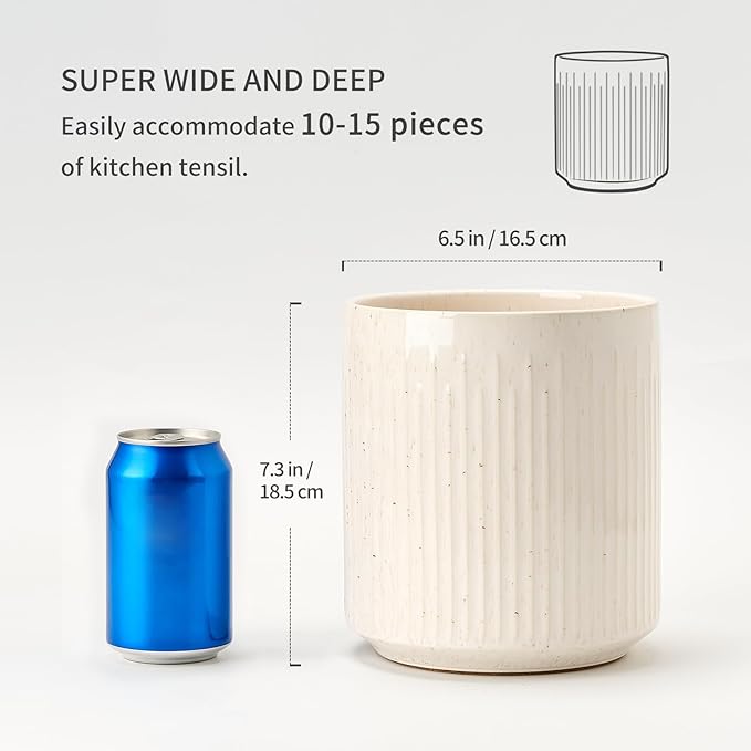 JIEMEI HOME Kitchen Utensil Holder, 7.2" Large Ceramic Stable Utensil Crock for Countertop, Utensil Organizer with Cork Mat, Removable Bamboo Divider for Easy, Kitchen Decor, Aged Ivory Speckle