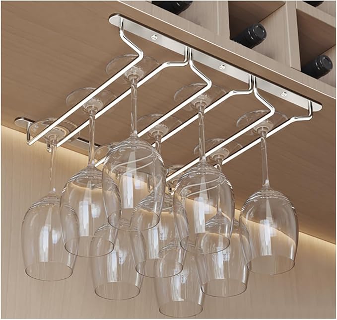 CAKERS Under Cabinet Hanging Stemware Display Rack|304 Stainless Steel Wine Glass Holder|Wine Glass Storage Organizer Hanger,3 Rows,27cm(10.6in)