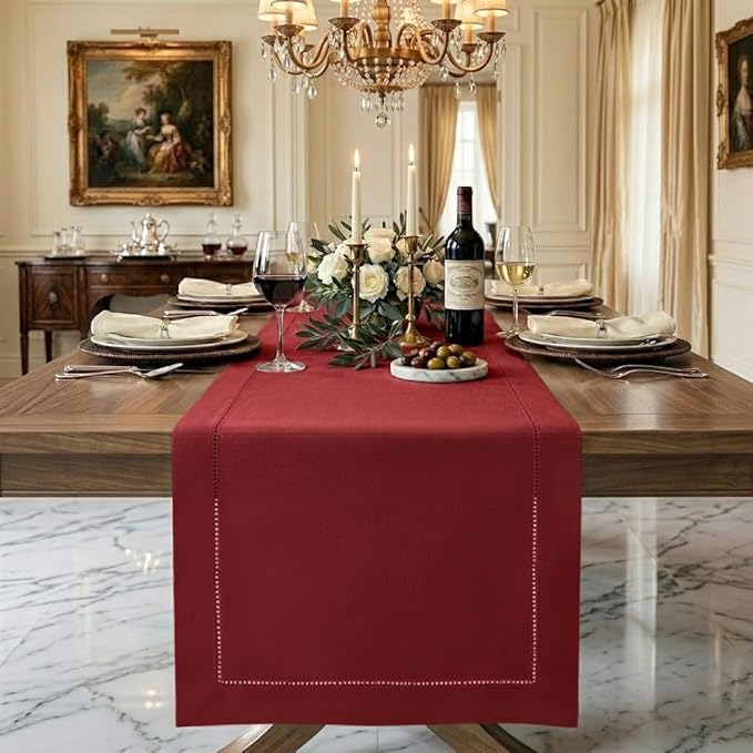 Signature Linen™ by D'Moksha Red Table Runner 120 Inches Long, 100% Pure Linen, Hemstitch, 14 x 120 Inch Table Runner for Dresser, Dining- Summer, Father's & Independence Day