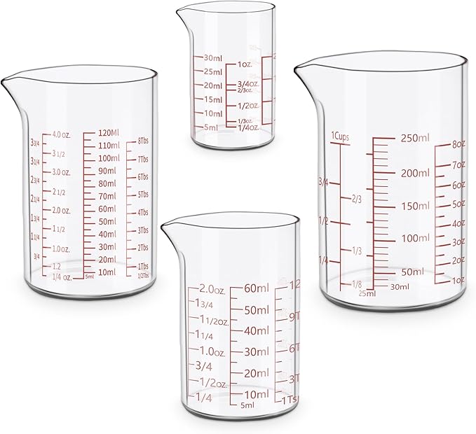 Measuring Cup Set 30ml L(1oz), 60ml (2oz), 120ml (4oz), 250ml (8oz), 4 Piece Glass Liquid Measuring Beakers, High Borosilicate Glass Measuring Cup, V-Shaped Spout