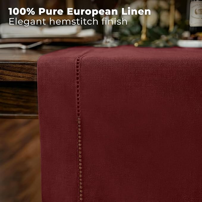 Signature Linen™ by D'Moksha Red Garnet Table Runner 72 Inches Long, 100% Pure Linen, Hemstitch, 14 x 72 Inch Table Runner for Dresser, Dining- Summer, Father's Day