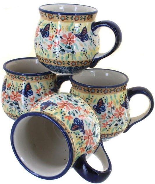 Blue Rose Polish Pottery - Yellow Blue Butterfly 4 Piece Bubble Mug Set - 4 10 oz Mugs - Uniquely Shaped Mug Set for Entertaining Guests