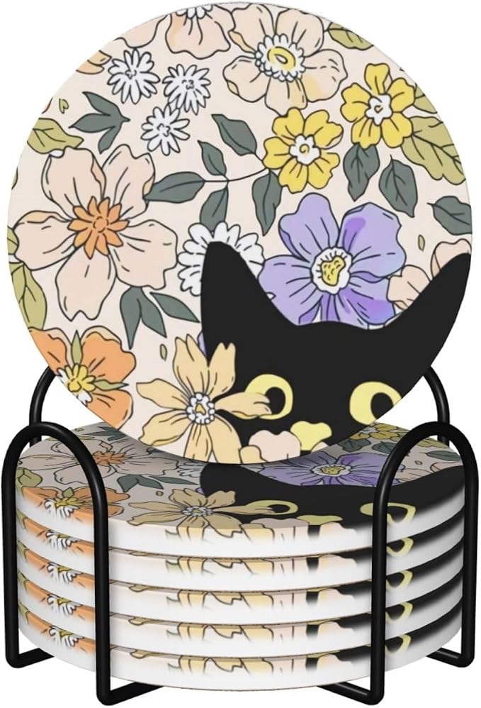 Fun Black Cute Boho Cat 6 Pcs Ceramic Coaster Set with Holder/Cork Chic Funny Animal Unique Girly Flowers Absorbent Round Cup Drink Coasters Set for Modern Coffee Table Bar Wine Beer Protect