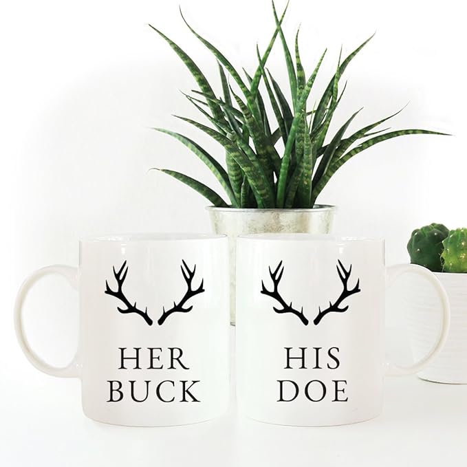 Andaz Press 11oz. Ceramic Ceramic Valentines Day Coffee Mugs Wedding Anniversary Couples Gift Set, His Doe, Her Buck, Deer Antlers Graphic, 2-Pack, Long Distance Gift Ideas
