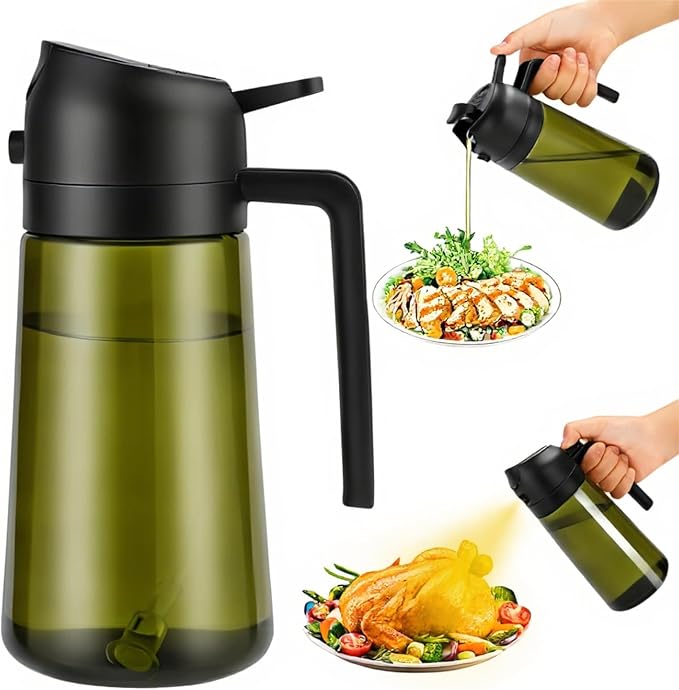 Aovdy Olive Oil Sprayer for Cooking, 2 In 1 Glass Oil Dispenser 16oz- 470ml Premium Spray Bottle for Kitchen Gadgets and Air Fryer Accessories, Salad, BBQ - Dark Green