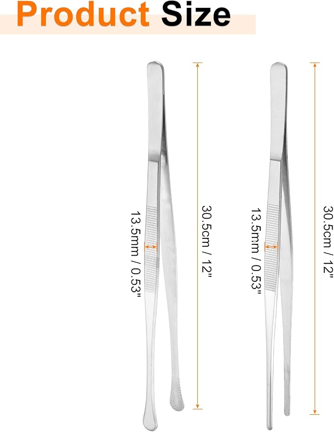 HARFINGTON 2pcs 12 Inch Fine Tweezer Tongs Extra-Long Stainless Steel Non-Slip Kitchen Cooking Tweezers Tongs with Round Tip for Repairing Roasting Barbecue Baking