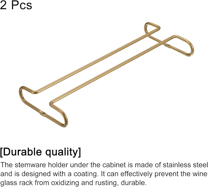 uxcell Wine Glass Rack Under Cabinet, 2Pcs 10-Inch Stemware Wine Glass Hanging Rack Stainless Steel Wine Glass Organizer Storage Hanger for 5mm Stemware Column, Gold