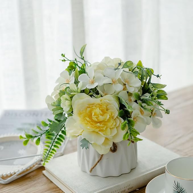 TKAS Fake Flowers Arrangement in Ceramic Vase, Artificial Faux Silk Roses & Hydrangea, Small Realistic Dried-Style Floral Dining Table Centerpiece for Wedding Party Home Decoration (Yellow)