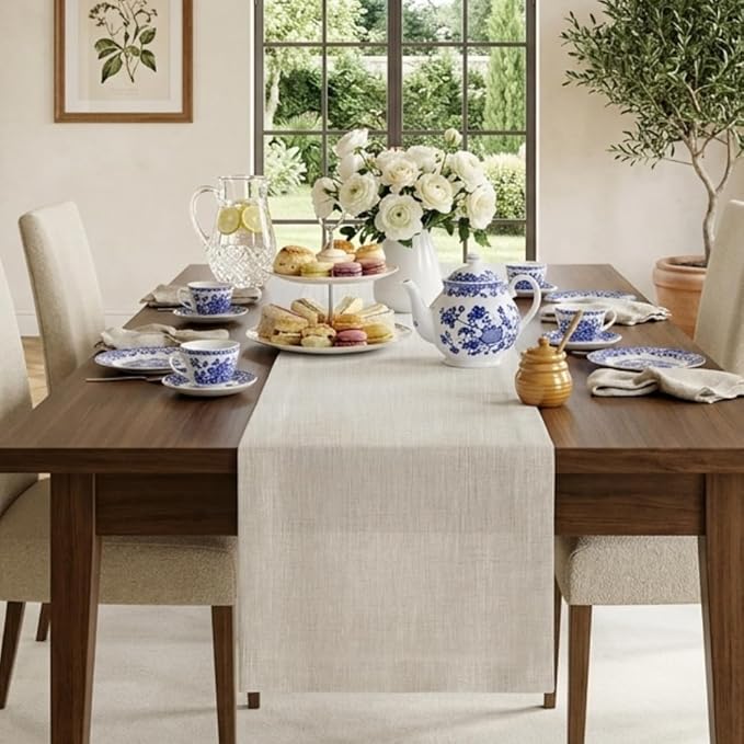 Classic Linen™ by D'Moksha Light Natural Table Runner 84 Inches Long, 100% Pure Linen, 14 x 84 Inch Table Runner for Dresser, Dining- Summer, Father's Day