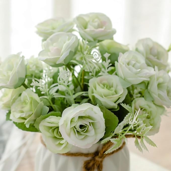 TKAS Fake Flowers Arrangement in Ceramic Vase, Artificial Faux Silk Roses, Small Realistic Dried-Style Floral, Dining Table Centerpiece for Wedding Party Home Decoration (Green)
