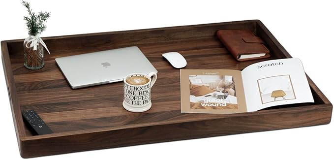 38 x 26 Inches Extra Large Rectangle Black Walnut Wood Ottoman Tray with Handles, Serve Tea, Coffee Classic Wooden Decorative Serving Tray