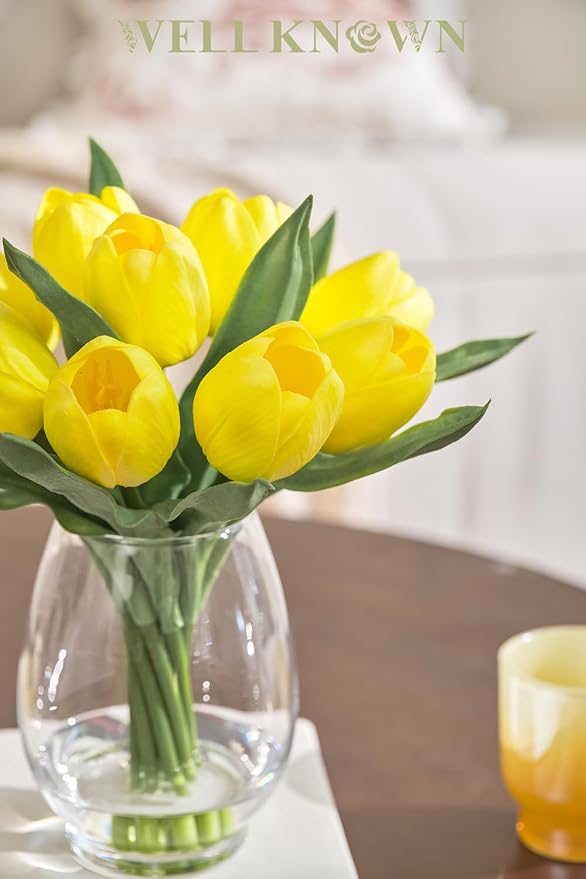 WELL KNOWN 12 Pcs Fake PU Tulips Artificial Flowers in Vase with Faux Water, Spring Summer Yellow Flower Arrangement with Glass Vase for Home Wedding Party Decor Dining Table Centerpiece & Gift
