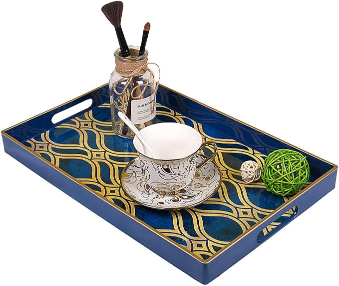 MAONAME Blue Decorative Tray with Handles, Plastic Serving Tray for Coffee Table, Marbling Rectangular Trays for Ottoman, Bathroom, Storage, 15.7" Lx 10.2" W X 1.57" H