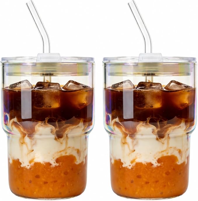 Luxfuel 16 oz Glass Tumbler with Lid & Straw, Reusable Iced Coffee Cup & Smoothie Cup, Leak-Proof Borosilicate Glass for Coffee, Iced Tea, Water – 2 Pack, Ideal for Office, Home & Travel, Iridescent
