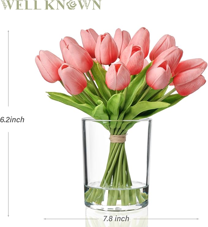 WELL KNOWN 20 Pcs Tulips Artificial Flowers in Vase, Real Touch Coral Pink Tulips with Glass Vase & Fake Water, Flower Arrangement Centerpiece for Dining Table Home Hotel Wedding Party Decor & Gift