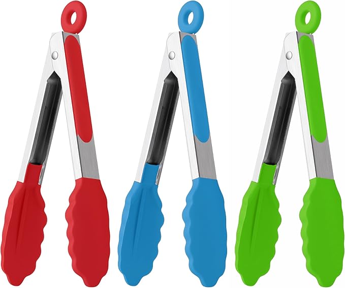 7-Inch Silicone Tongs Pack of 3, Small Tongs with Silicone Tips for Cooking, Barbecue, Buffet Serving (7", RGB)