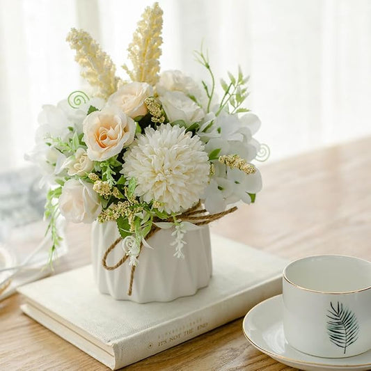 TKAS Artificial Faux Silk Fake Flowers Arrangement, Small Realistic Roses & Hydrangea in Ceramic Vase, Dining Table Centerpiece for Wedding Party Home Decoration (White)