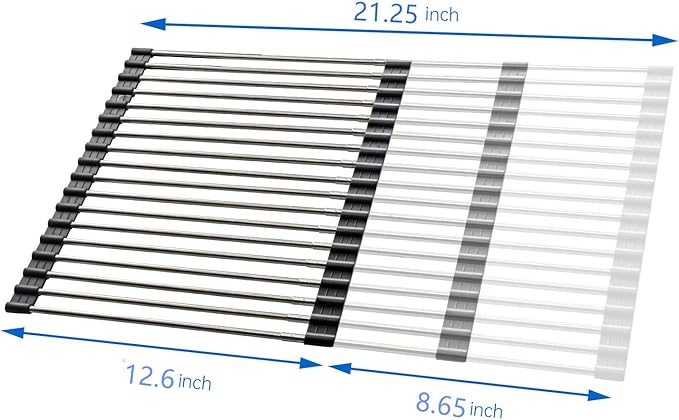 CHIRISEN Expandable Roll Up Dish Drying Rack Large, Foldable Over The Sink Dish Drying Rack, Collapsible Stainless Steel Drainer Over Sink Dish Drying Rack for Kitchen Counter (Black, 21.25''x12.79'')