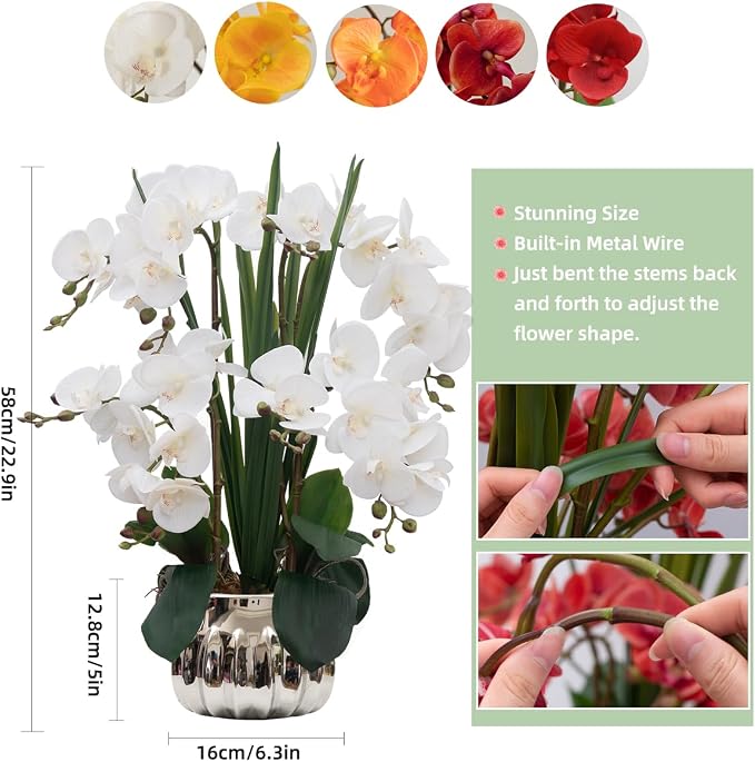 CXGS Artificial Orchid Flower Real Touch Faux Orchids in Ceramic Vase Large 22.9'' Fake Flowers White Phalaenopsis Floral for Home Indoor Decor