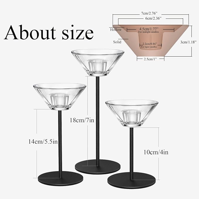 Smytle Clear Glass Taper Candle Holders Set of 3, Transparent Votive Tea Light Candle Holders with Weighted Black Metal Base, Glass Candle Sticks Holder Home Decor for Dining Table, Wedding