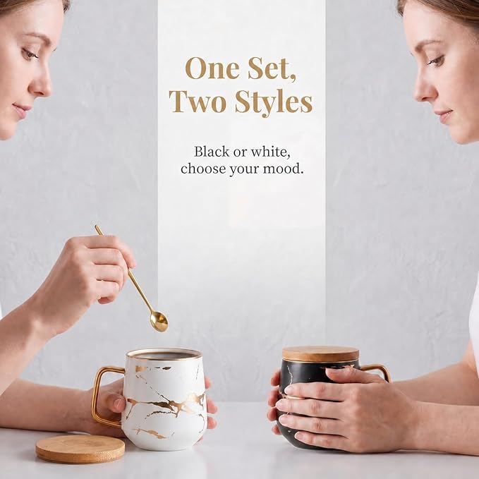 Peohud 2 Pack Porcelain Coffee Mugs Set, 14 OZ Marble Coffee Cups with Lid and Spoon, Large Tea Mugs for Latte, Cappuccino, Americano, Coffee Mugs for Couple, Novelty Engagement Gift