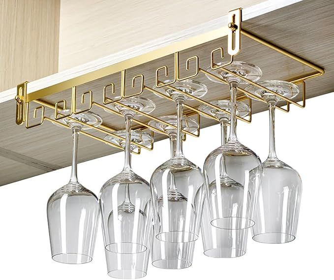 CAKERS Creative Wine Glass Holder|Under Cabinet Iron Art Stemware Rack|Hanging Wine Glass Drying Holder For Kitchen Bar Restaurant,Gold,4 Rows