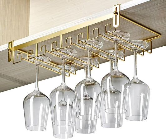 CAKERS Creative Wine Glass Holder|Under Cabinet Iron Art Stemware Rack|Hanging Wine Glass Drying Holder For Kitchen Bar Restaurant,Gold,4 Rows
