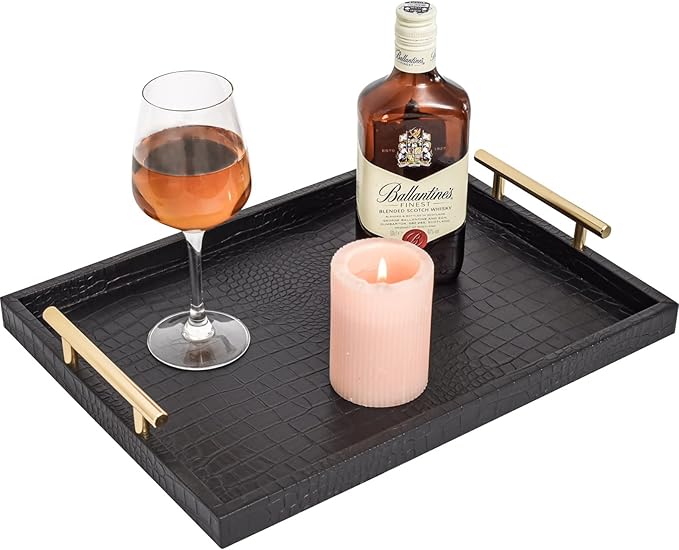 Set of 2 Modern Elegant Large Wood Serving Tray, Rectangle Decorative Tray Ottoman Tay Coffee Table Tray, Black Crocodile Leather with Gold Polished Metal Handles