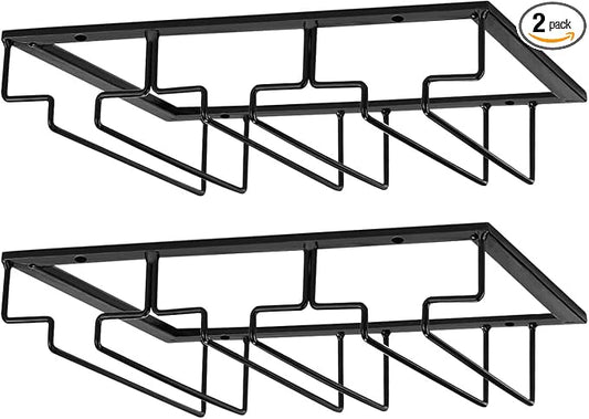 Wine Glass Rack, Under Cabinet Stemware Wine Glass Holder, Wine Glasses Storage Hanger Metal Organizer for Cabinet Kitchen Bar (Black, 3 Rows 2 Pack)
