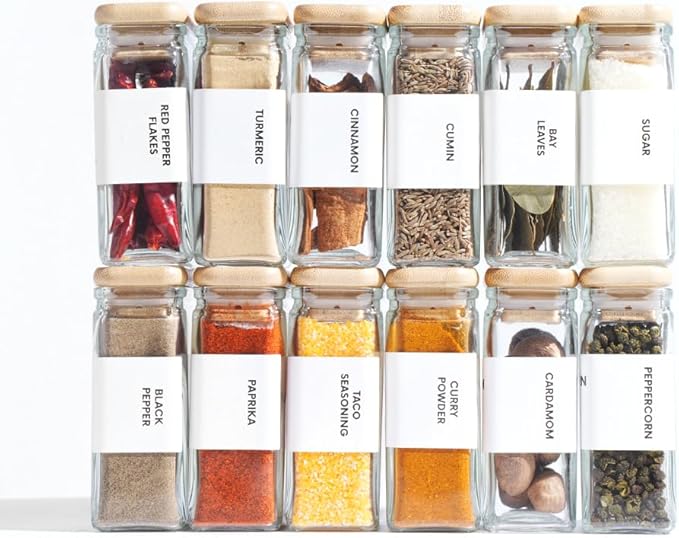 APT 1101 Glass Storage Jars with Bamboo Lid, glass canisters with airtight lids, Clear jars with lids for Spice, Cookie, Candy, Tea, Coffee Bean and Rice (White, 4oz, set of 12)
