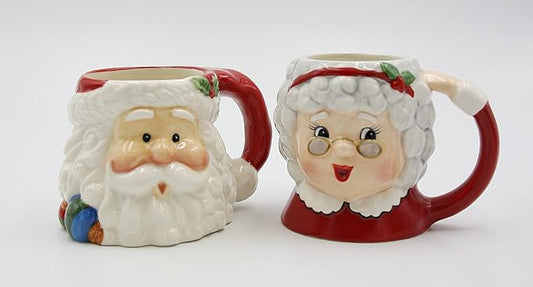 Fine Ceramic Christmas Holidays Mr. & Mrs. Santa Claus Mugs Set of 2 (2 Pieces Set), 5-3/4' L, White, Grey, Red