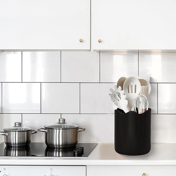 Large Utensil Holder for Kitchen Counter, Ceramic Kitchen Utensil Crock with Protection Cork Mat, Modern Cooking Tools Organizer for Countertop, Black
