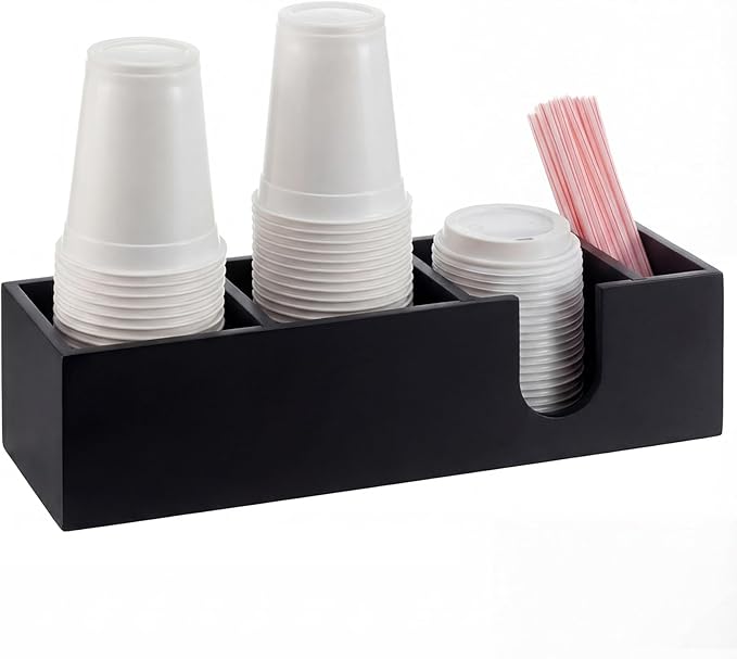Novabright 4 Compartments Coffee Cup Holder for Countertop Cup Lid and Straw Dispenser Coffee Station Organizer Bar Accessories for Breakroom Restaurant, 15.3 x 4.7 x 4(Black,Pine Wood)
