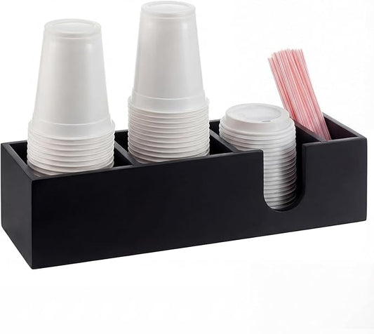Novabright 4 Compartments Coffee Cup Holder for Countertop Cup Lid and Straw Dispenser Coffee Station Organizer Bar Accessories for Breakroom Restaurant, 15.3 x 4.7 x 4(Black,Pine Wood)