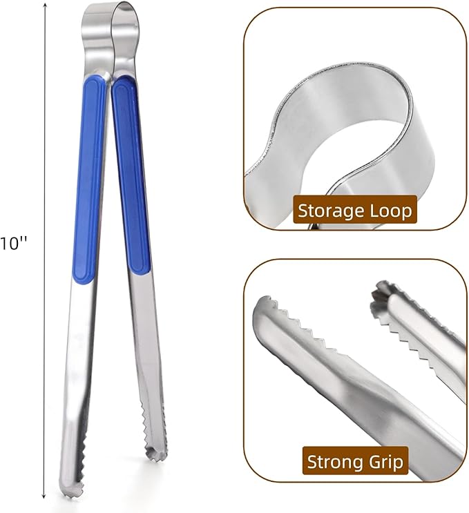 10 Pack Stainless Steel Kitchen Tong, 10 inch Heavy Duty Serving Tong with Heat-Resistant Handle, Grill Clamp Beefsteak Clip in 10 Colors for Cooking, BBQ, Meat, Salad, Ice