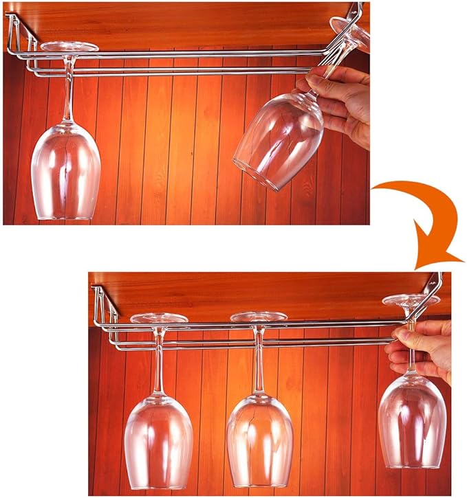 Stemware Wine Glass Hanging Rack Under Cabinet Kitchen Bar Storage Wine Glass Rack Holds up to 8-10 Wine Glass, 13.4 Inch 2 Rows, Bronze