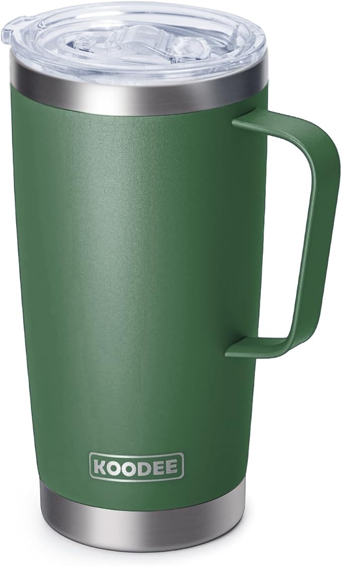 koodee 20 oz Insulated Coffee Mug with Lid and Handle, Stainless Steel Double Wall Vacuum Camping Mug Travel Coffee Tumbler (Grass Green)