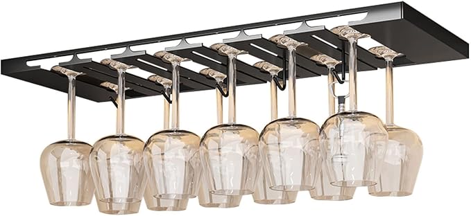 V3VOGUE Hanging Wine Glasses Holder Under Cabinet, 2/3/4/5/6 Rows Black Metal Wine Glasses Hanger, Glass Storage Rack Organiser for Cupboard Kitchen Bar (Size : 6 Row)