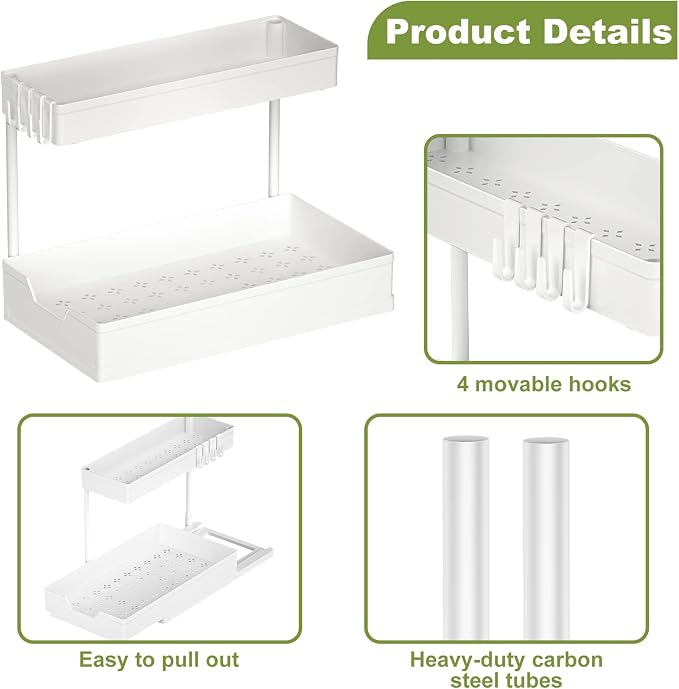 Under Sink Organizers and Storage, L-Shape Kitchen Bathroom Organization, 2-Tier Sliding Storage Under Bathroom Kitchen Sink Cabinet Organizer Shelf Pull Out 2 Pack (White)