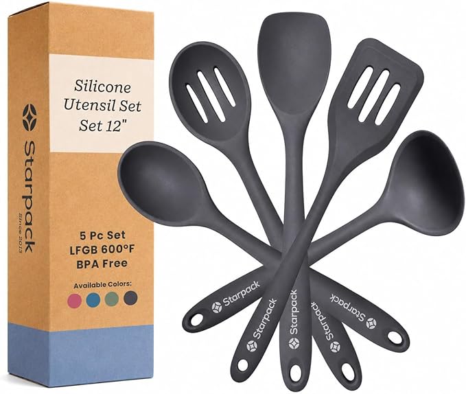 Starpack Stir and Serve Silicone Cooking Utensils Set (5-Piece, 11") - LFGB Non Toxic, 600°F Heat Resistant, BPA-Free - One-Piece Seamless, Dishwasher Safe - for Nonstick Cookware, Gray Black