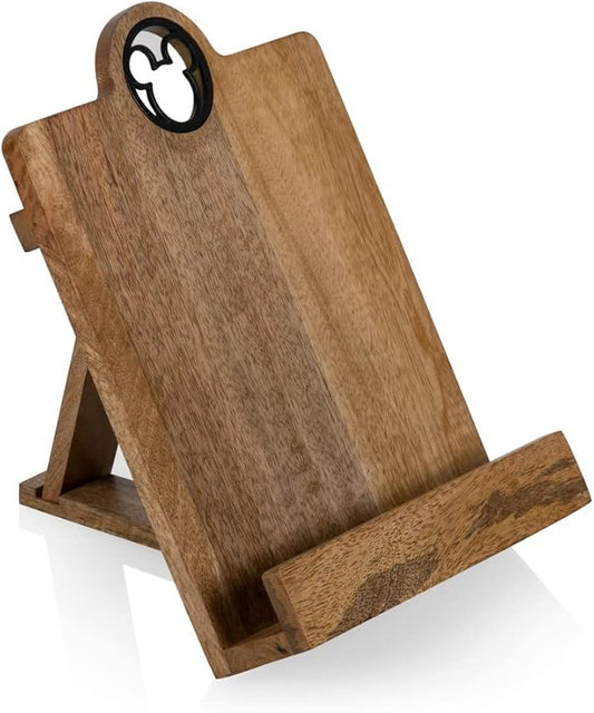 PICNIC TIME Disney Mickey Mouse Cookbook Stand and Tablet Holder, Mango Wood Folding Recipe Book Stand with Metal Mickey Icon, Countertop Kitchen Display Stand, (Mango Wood)