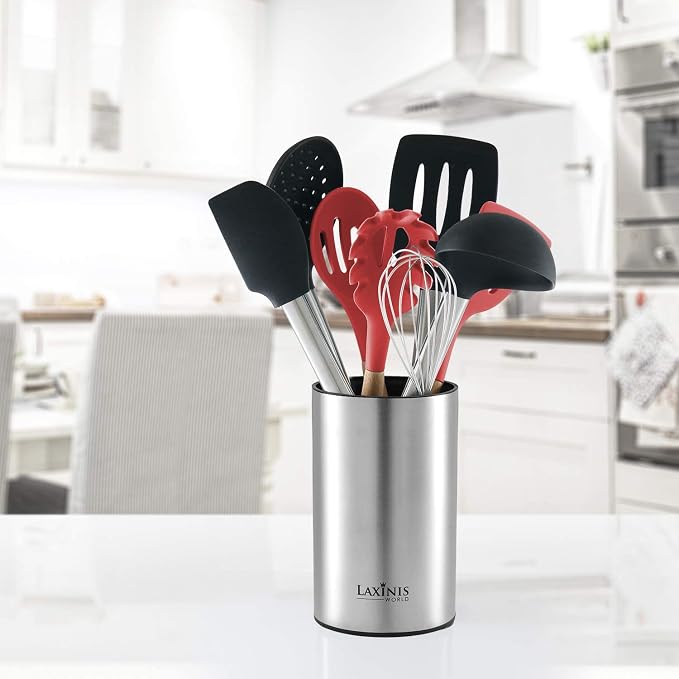 Laxinis World Stainless Steel Kitchen Utensil Holder, Kitchen Caddy, Utensil Organizer, Round Shape Utensils Crock, 7" by 4.3" (utensils not included)