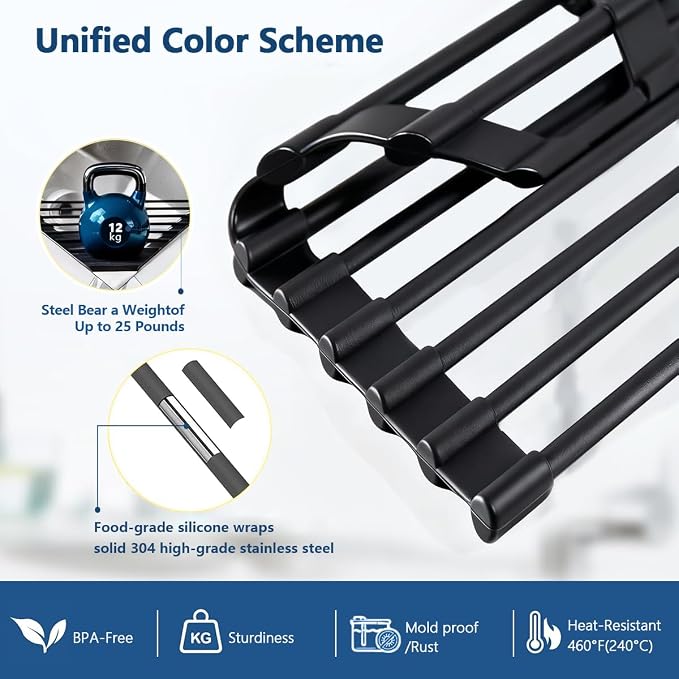 Credon Triangle Roll Up Dish Drying Rack Over The Sink, Triangular Sink Rack, Sink Corner Foldable Silicone Coated Stainless, Anti-Slip Organizer for Kitchen, Heat-Resistant, Non-Slip (Black)