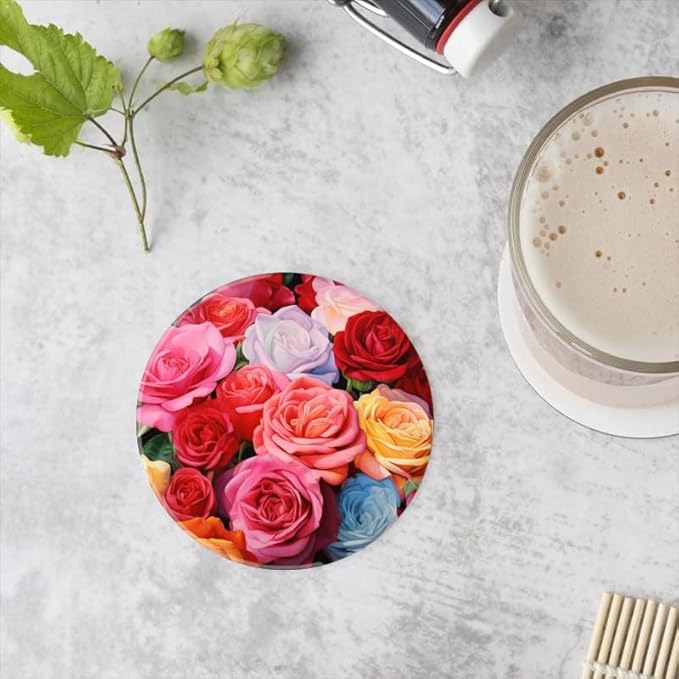 1 Pcs Coffee Cup Coasters for Drinks, Colorful Roses Painting Round Absorbent Non-Slip Ceramic Stone Cork Coasters for Kitchen Living Room Office Decoration Bar (4 * 4 Inch)