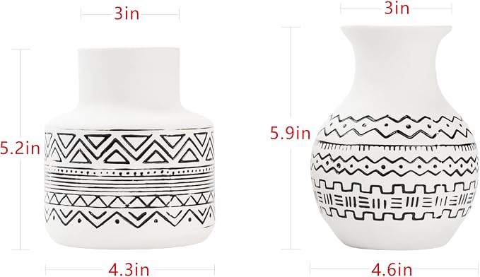 Handcrafted Ceramic Vase Set of 2 — Geometric Boho Farmhouse Flower Vase Centerpiece for Kitchen/Home Decor/Living Room, Ceramic Kitchen Utensil Holder for Countertop