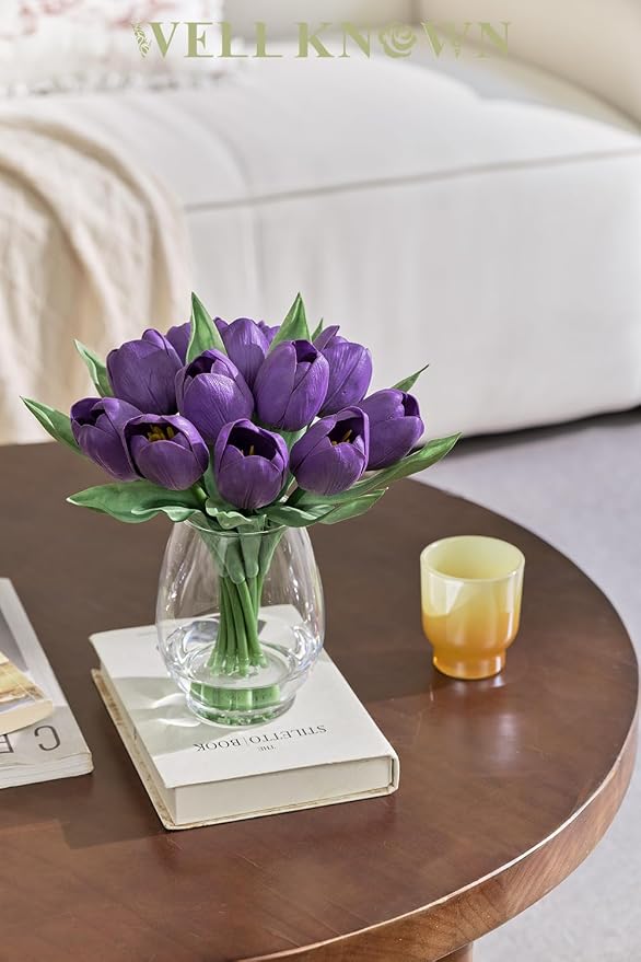 WELL KNOWN 12 Pcs Fake Tulips Artificial Flowers in Vase with Faux Water, Real Touch Purple Foam Tulips Arrangement with Vase for Home Office Wedding Party Decor Dining Table Centerpiece & Mom's Gift